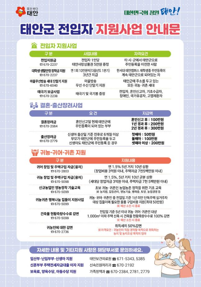태안군 전입자 지원사업 안내문