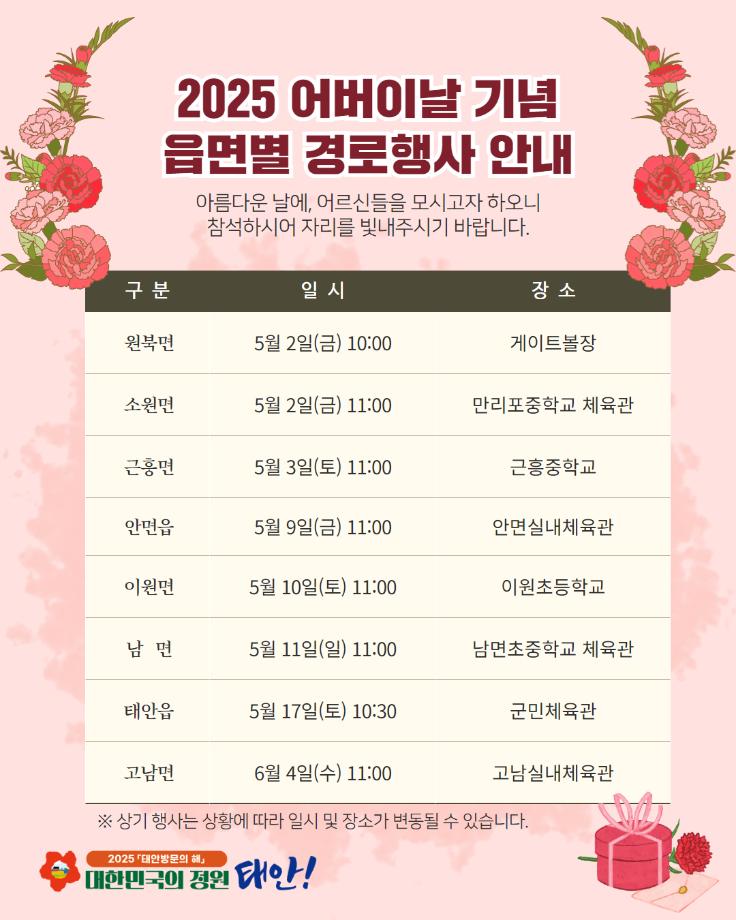 2025 어버이날 기념 읍면별 경로행사 안내