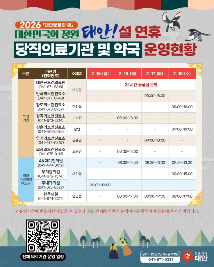 2026 설 연휴 당직의료기관 및 약국 운영 안내