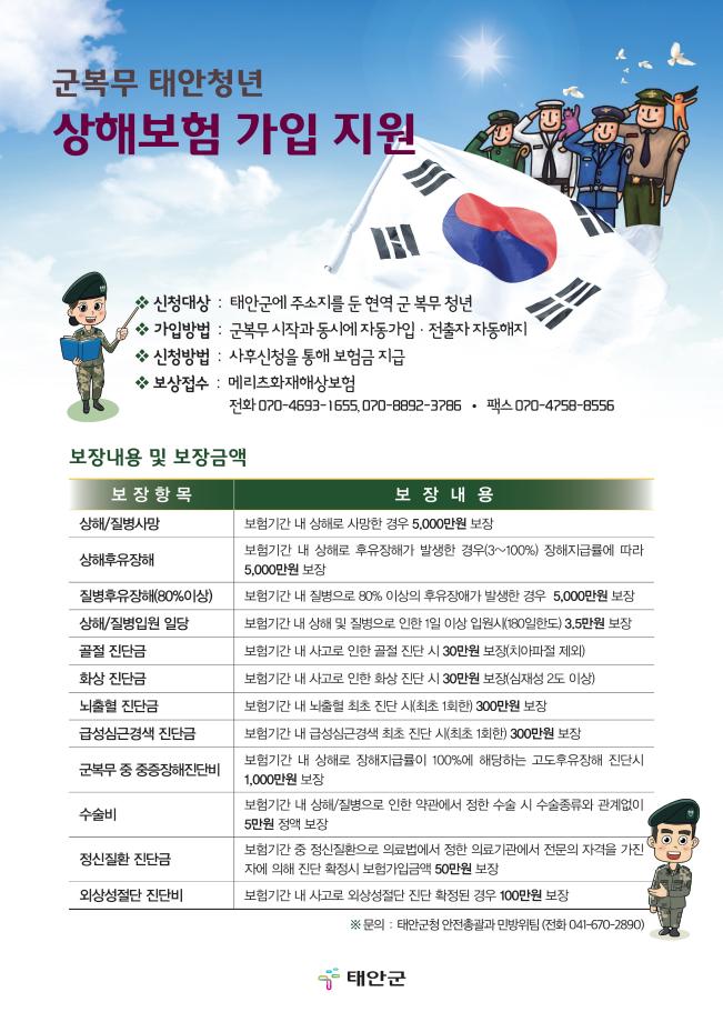 태안군, 군복무 청년 상해보험 지원사업 추진