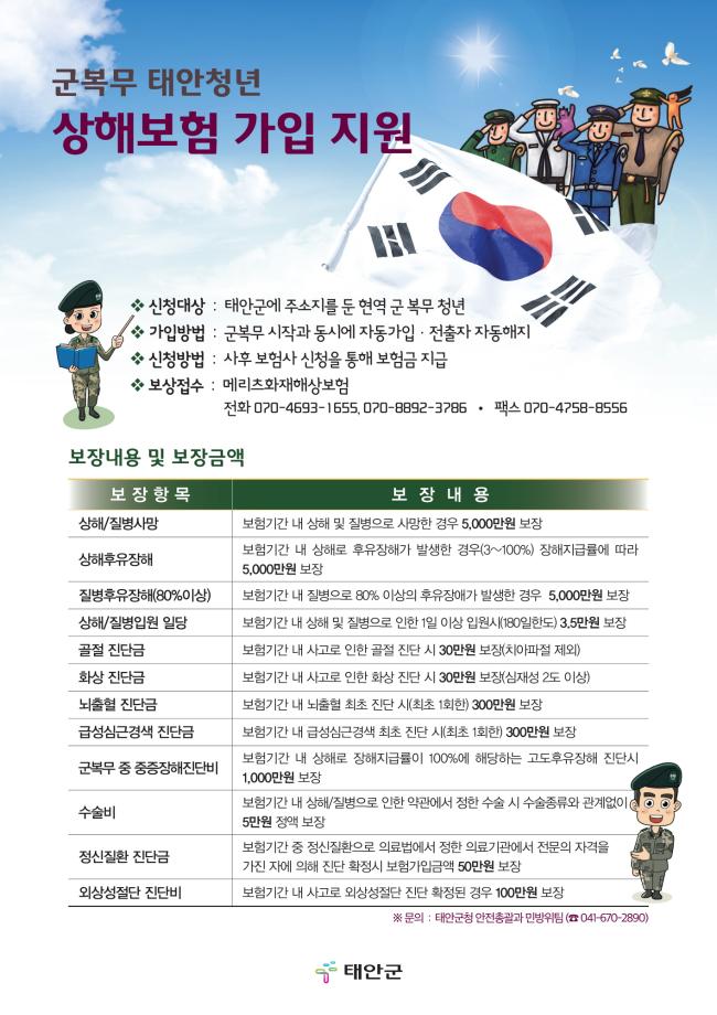 “안심하고 군생활하세요!” 태안군, 군복무자에 상해보험 지원!