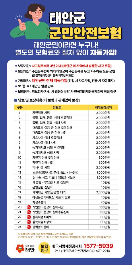 태안군, 5월 16일부터 군민안전보험 보장범위 확대