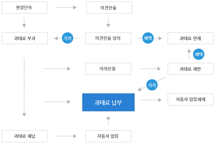 현장단속을 통해 위반이 확인되면 의견진술을 통해 채택이 된 경우 과태료가 면제되며 기각될 경우 과태료가 부과더됨. 과태료가 부과에 대하여 이의신청을 제기하면 주소지관할 법원으로 넘어가며 관할법원에서 과태료 재판이 이루어짐. 이의제기가 채택이 되면 면제, 기각일 경우 납부하게 됨. 만약 과태료를 체납하게 되면 자동차압류가 이루어지게 되며 압류의 해제를 신청할 경우 이를 받아들이게 되면 압류가 해지됨