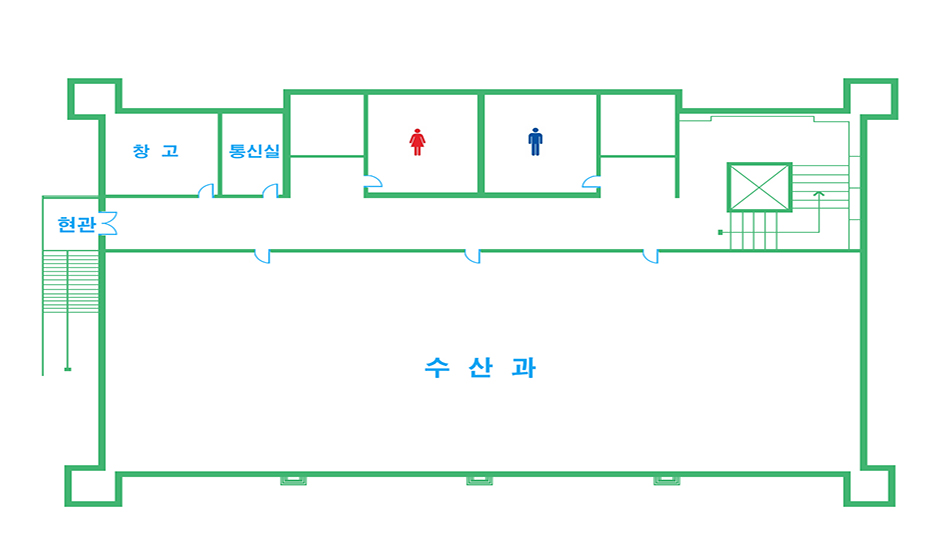 별관1층 : 현관 기준으로 좌측에는 창고, 통신실, 여자화장실, 남자화장실이 있으며 우측에는 수산과가 위치해 있습니다.